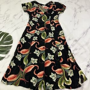 Pat Young Womens Vintage 90s Midi Dress Size L Black Pink Floral Buttons Pockets